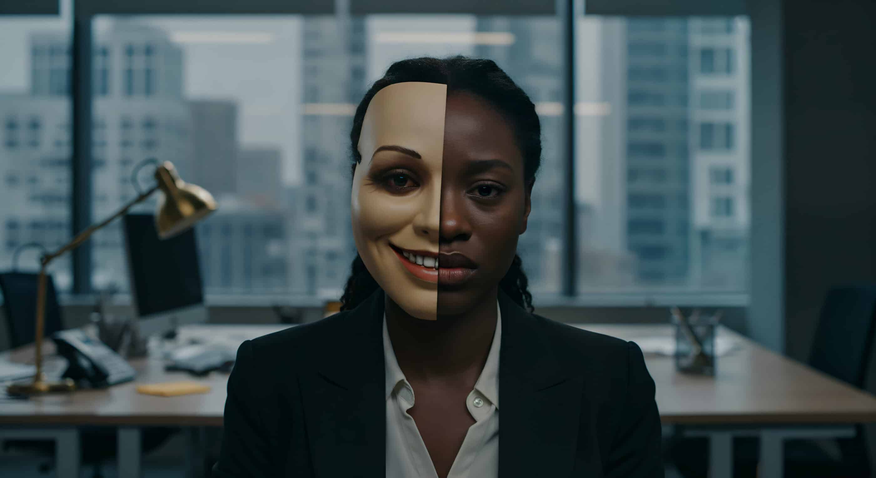 Black woman in office hiding emotions with a mask Photo